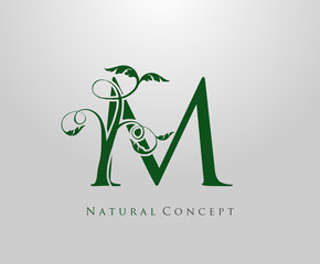 Letter M logo Nature concept, green tree and leaf symbol, initials M icon natural design Stock Vector.