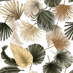Tapeten Tropische mit Blumen getrocknete Palmblätter nahtlose Muster weißen Hintergrund. Exotische Dschungeltapete. © good_mood