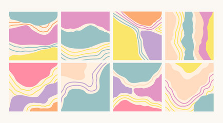 Various lines, curves and shapes. Marble texture effect. Colorful abstract patterns. Backgrounds, wallpapers, templates. Hand drawn Vector illustration. Every pattern is isolated. Perfect for prints