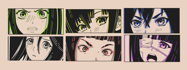 Six pairs of Asian Eyes look. Neon effect. Manga style. Japanese cartoon Comic concept. Anime characters. Hand drawn trendy Vector illustration. Pre-made prints. Every illustration is isolated