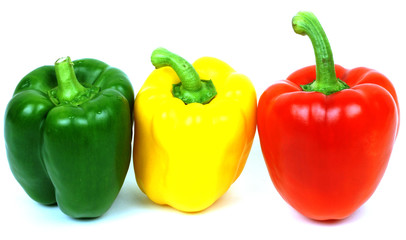Red, yellow and green peppers, traffic light colours isolated on white background
