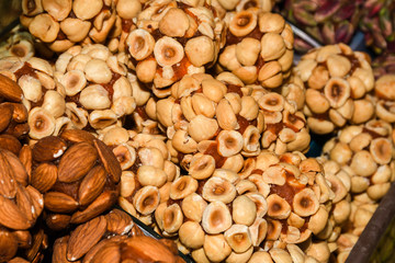 Various types of cakes, tart, mousse, pies for sale in bakery or pastry shop, gourmet luxury