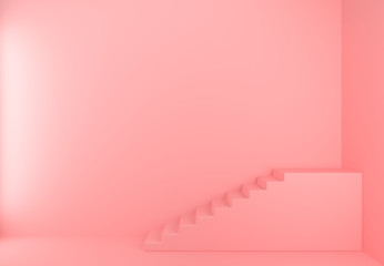 Girly Pink Empty Room with Stairs, Blank Space, 3D Render