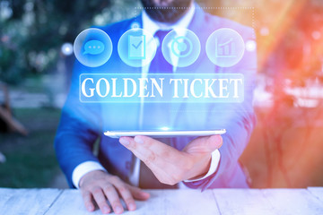 Handwriting text Golden Ticket. Conceptual photo Rain Check Access VIP Passport Box Office Seat...