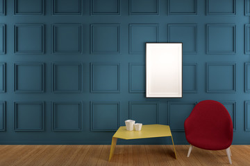 Frame on Blue Wainscot Wall Panel with yellow table and red coffe chair, mockup frame ready, 3D Render