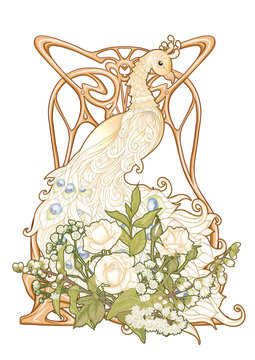 Poster with peacock and roses in art nouveau style, vintage, old, retro style. In Art deco style. Colored vector illustration.