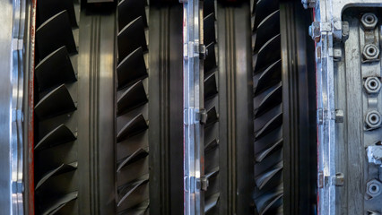 Jet engine of an airplane. Turbine blades.