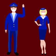 airplane pilot and stewardess with face masks  safe travel flight