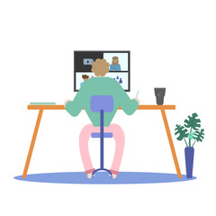 Fototapeta premium Cartoon character freelance man working form home and video conferencing, meeting ,lockdown , new normal, stay at home