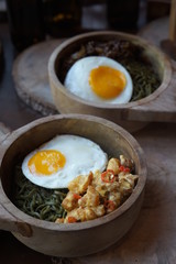 Green Noodle in a Wooden Bowl