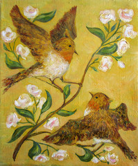 Two flying birds on a yellow background, oil painting