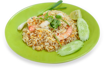 Fried rice with shrimp and fresh crab on white background.