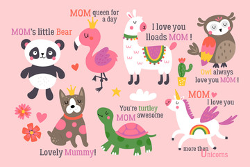 Mother's day cute animals set with llama, unicorn, panda bear, flamingo, dog, turtle and owl. Childish print for cards, stickers, apparel and nursery decoration
