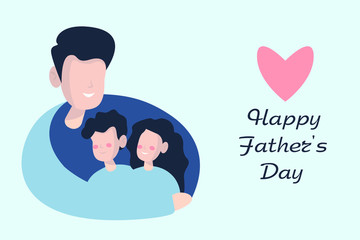 Happy Father's Day Banner. Dad hugs the children of a boy and a girl on the shoulders. Greeting card. Isolated background. Flat vector illustrator concept.