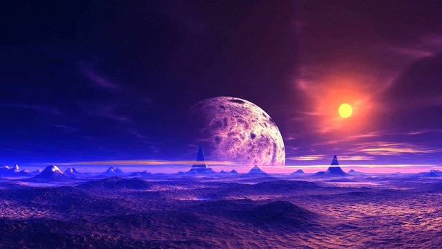 Alien Landscape. On a dark starry sky huge planet, a bright yellow sun and scattered clouds. Rare cliffs are covered with snow. There are lakes in the lowlands. There is a blue haze in the sky.

