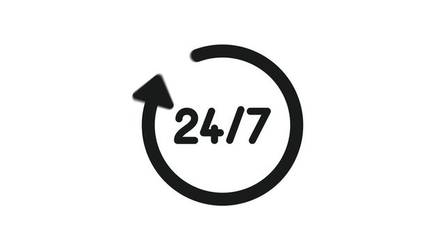 24/7 Service open 24h hours a day and 7 days a week. Flat video in black on a white background.