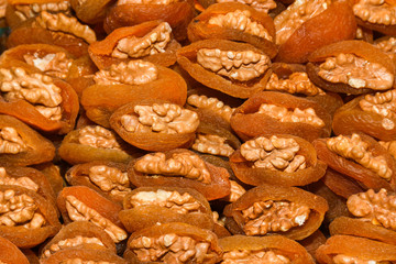 Counter with various dried fruits on the Grand Bazaar in Istanbul, Turkey