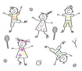 Children play on a white background. A sketch. Vector illustration.