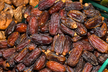 Counter with various dried fruits on the Grand Bazaar in Istanbul, Turkey