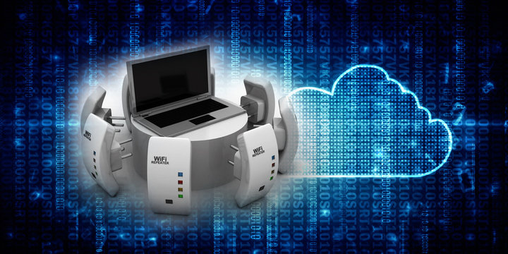 3d rendering wifi repeater booster connected laptop
