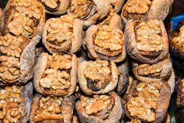 Counter with various dried fruits on the Grand Bazaar in Istanbul, Turkey