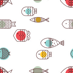 Cute line fish and polka dots. Vector seamless pattern.