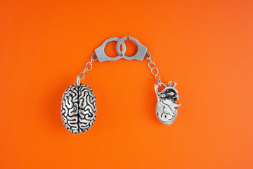 Flat lay of miniature anatomical copies of human brain and heart linked with handcuffs isolated on...
