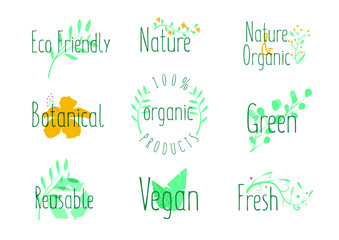Eco friendly icons for drinks food or restaurant bullets nature organic botanical green reusable vegan fresh