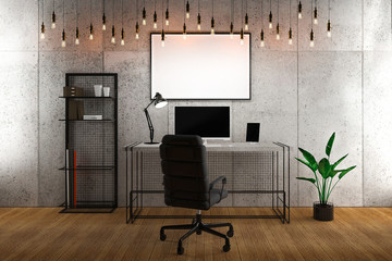 Personal Working Place Industrial Design with Concrete Wall Hanging Bulb Blank Monitor Display and Photo Frame for Mock Up, 3D Render