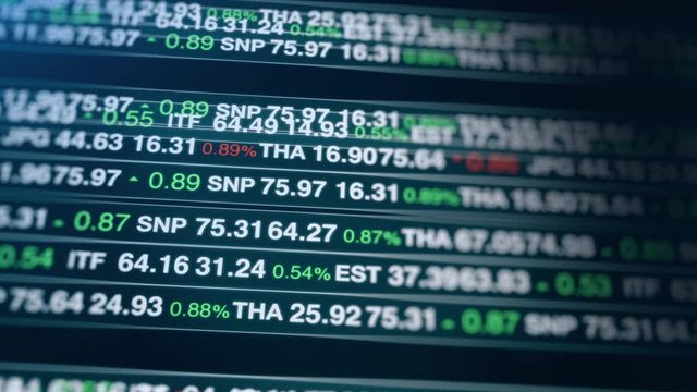 Stock market tickers with graphs and charts. Digital data displaying animation of stock market prices changing. 4k animation.
