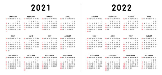 Calendar 2021 and 2022. black and white calendar template.