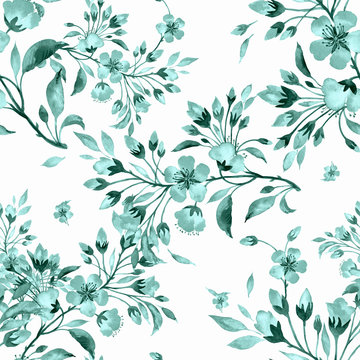 Seamless watercolor pattern spring blossoming branch