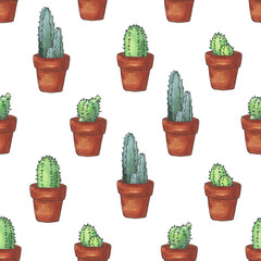 Urban Jungle.  Watercolor hand drawn collection pattern of isolated elements cactus in pots in sketch and doodle style on white background