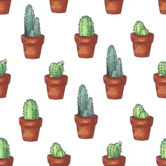 Zelfklevend Fotobehang Cactus in pot Stedelijke jungle. Aquarel hand getekende collectie patroon van geïsoleerde elementen cactus in potten in schets en doodle stijl op witte achtergrond