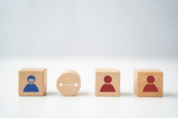 social distancing of people worker wearing mask icon working from home in self isolation quarantine for safety protection from coronavirus covid-19 infection disease pandemic, wood block icon concept