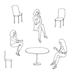 Urban Jungle.  Line art hand drawn collection of isolated elements girls in cafe in sketch and doodle style on white background