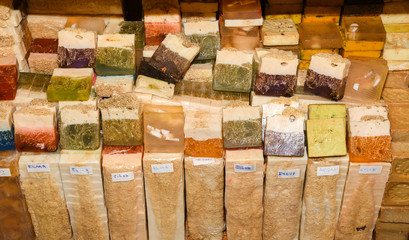 Handmade aromatic soap on the Grand Bazaar in Istanbul, Turkey. It has different kinds and colors.
