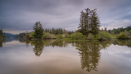 High TIde and Smooth Water At Mud Bay, Puget Sound On Overcast Evening
