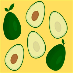 Vector avocado on yellow in abstract style on white background. Fruit icon concept. Diet concept. Fresh fruit.