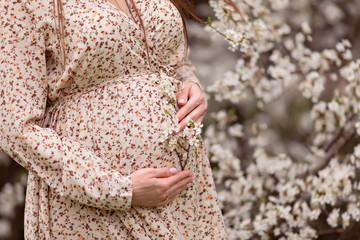 Portrait of a young happy girl 25-30 years old waiting for the baby in the fresh spring air against a background of flowering trees.