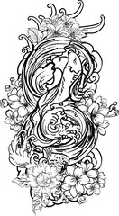 Colorful Siamese fighting fish or betta fish swimming in Japanese wave with peony and daisy flowers for hand drawn tattoo art design in  geometric and circular ornament frame