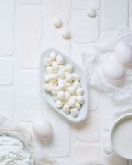 Mozzarella cheese on white background. Top view from above