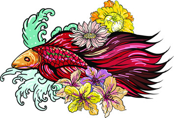 Fototapeta premium Colorful Siamese fighting fish or betta fish swimming in Japanese wave with peony and daisy flowers for hand drawn tattoo art design in geometric and circular ornament frame