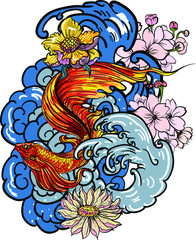 Colorful Siamese fighting fish or betta fish swimming in Japanese wave with peony and daisy flowers for hand drawn tattoo art design in  geometric and circular ornament frame