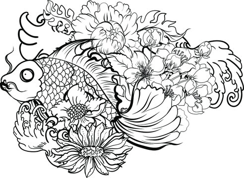 Colorful Siamese fighting fish or betta fish swimming in Japanese wave with peony and daisy flowers for hand drawn tattoo art design in  geometric and circular ornament frame
