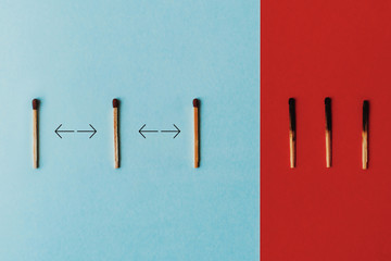 Social distancing, keep distance in public society people to protect epidemic COVID-19 coronavirus outbreak spreading concept with matches