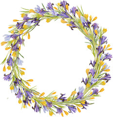 Wreath of spring flowers. Watercolor background with flowers irises and crocuses.