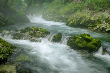 Foggy Vintgar gorge, Radovna River, Slovenia