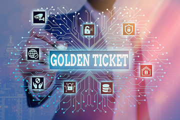 Handwriting text Golden Ticket. Conceptual photo Rain Check Access VIP Passport Box Office Seat...