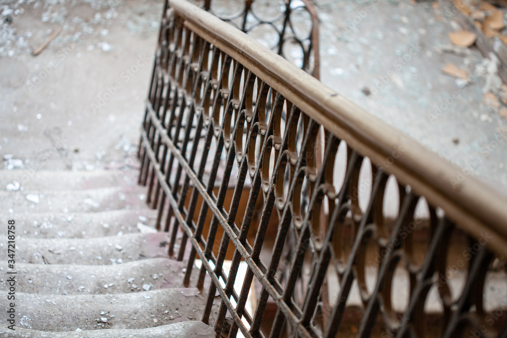 Poster dirty staircase with railing. garbage in houses
